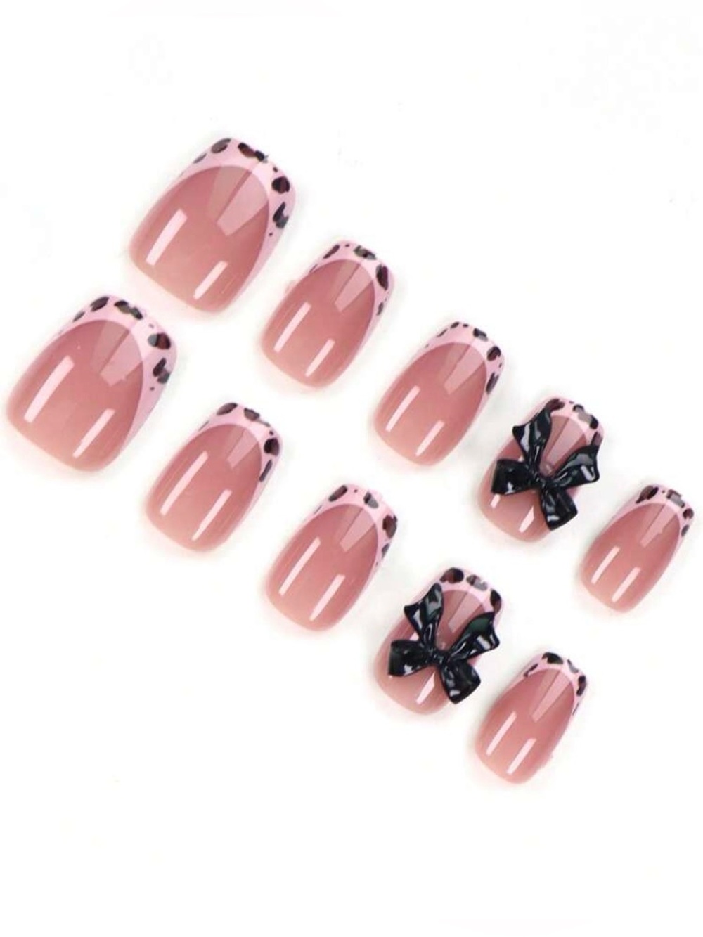 10pc Medium Pink Leopard French Tip Press-On Nails with Black Bow Accent
